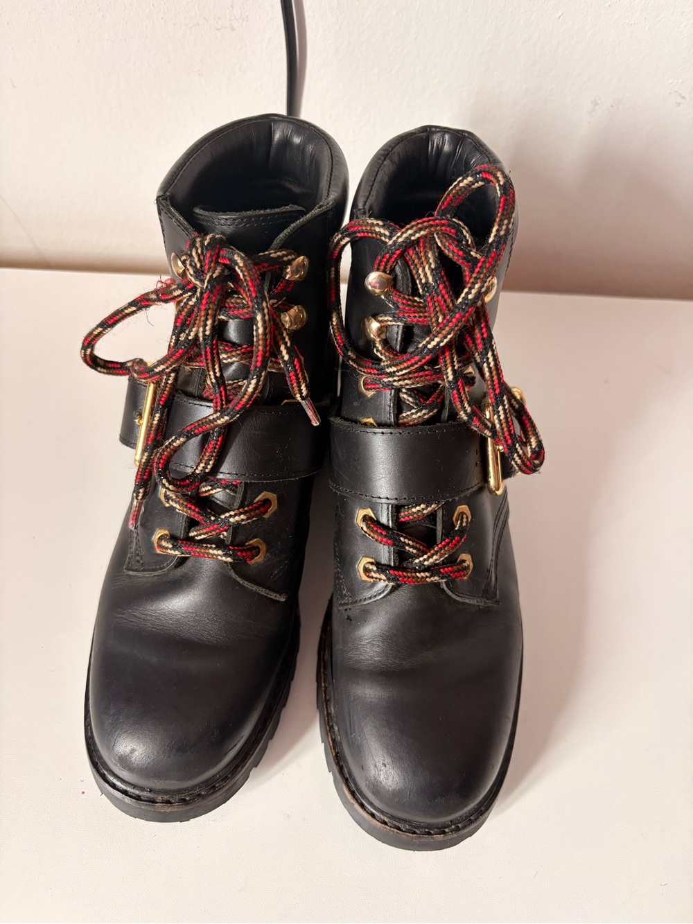 SANDRO Paris Lace-up Boot  Women's Size 39 Black Gold Buckle + Eyelets